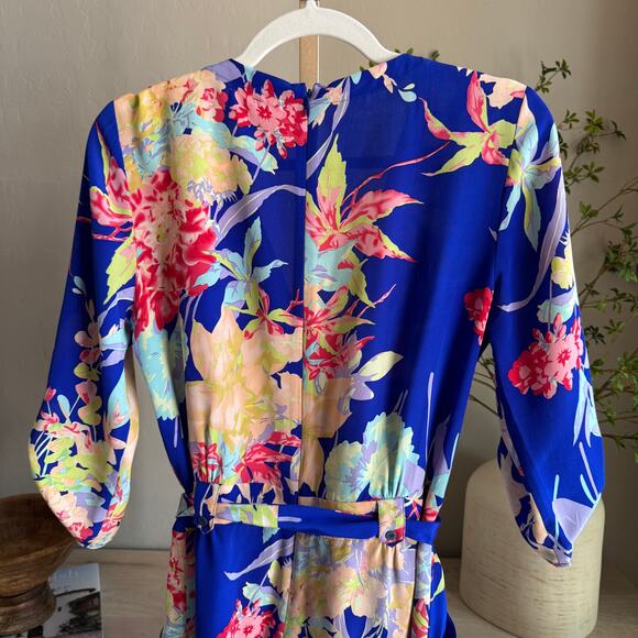 Yumi Kim Silk Floral Wrap Romper Blue Tropical Print M - Picture 6 of 7
